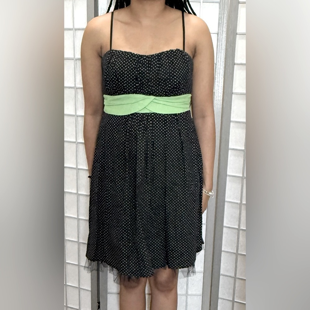 Black Spaghetti Straps "Polkadot Dress" Green Tie - Size 8